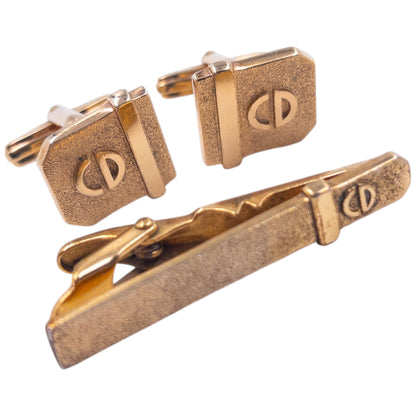 Vintage 90s Dior Embossed Cufflinks & Tie Clip Set | O/S, Gold