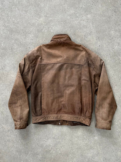 Vintage 1990s High Neck Aged Leather Bomber Jacket - M/L