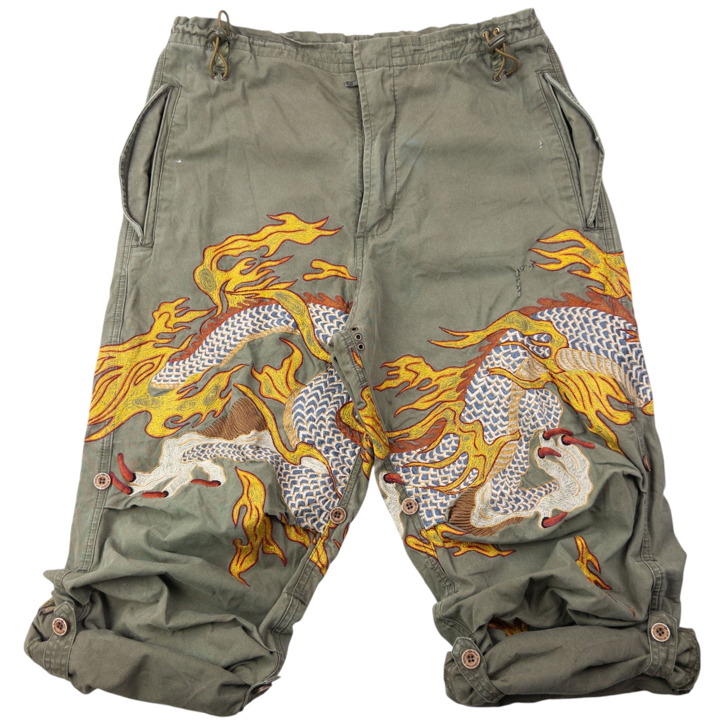 Vintage 2000s Maharishi Embroidered Dragon Roll Up Trousers Size S | Small, Multicoloured