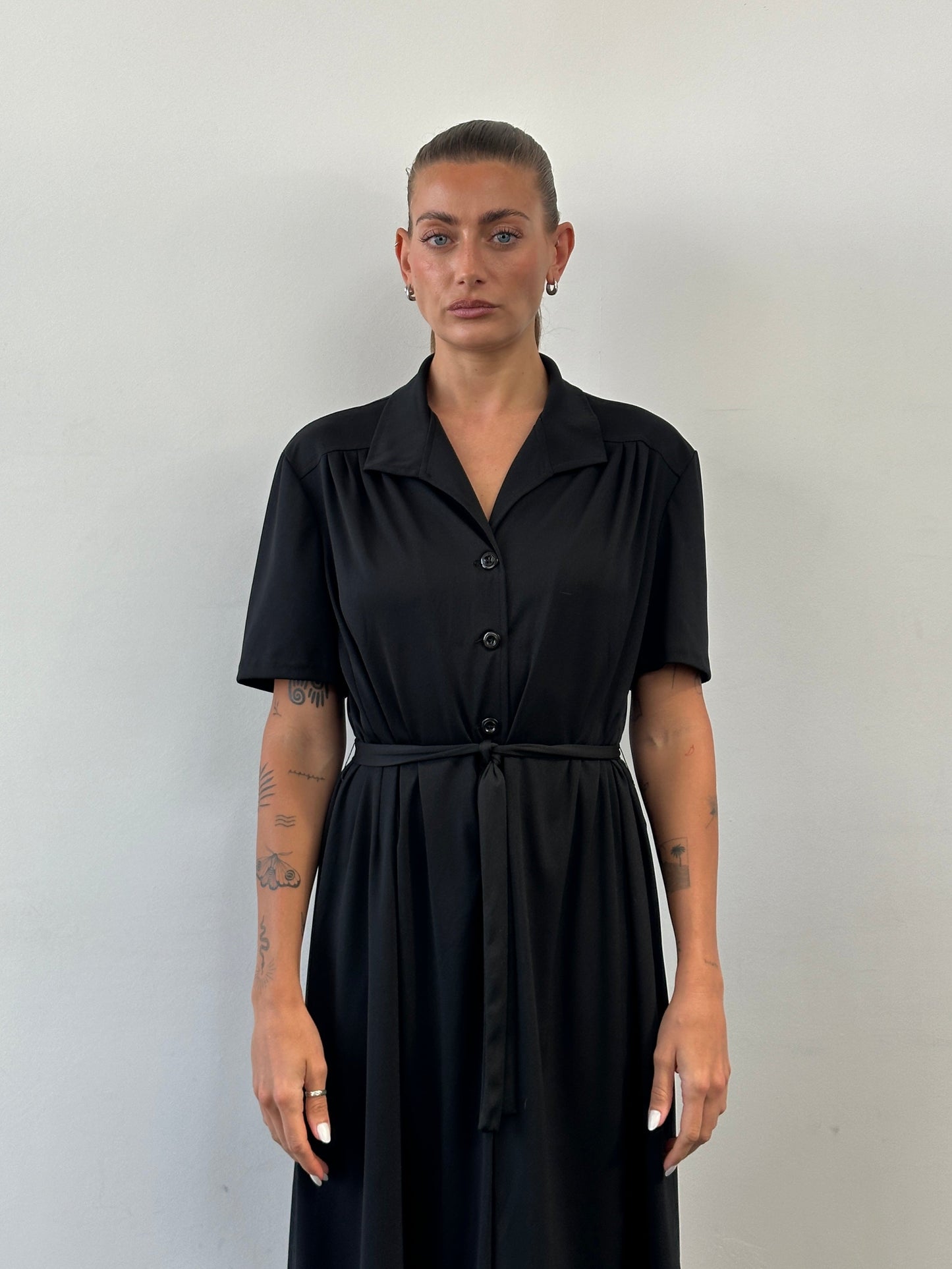 Vintage 1990s Belted Short Sleeve Midi Shirt Dress - L