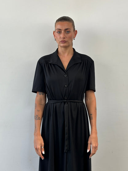 Vintage 1990s Belted Short Sleeve Midi Shirt Dress - L