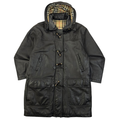 Vintage 2000s Burberry Nova Check Lined Leather Duffle Jacket Size M | O/S, Black