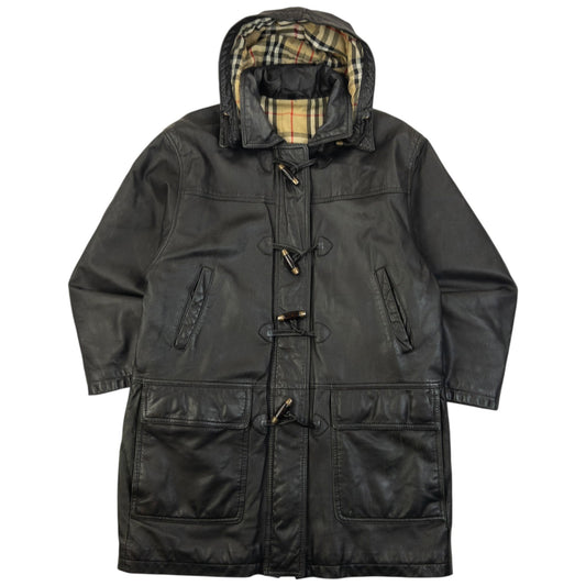 Vintage 2000s Burberry Nova Check Lined Leather Duffle Jacket Size M | O/S, Black