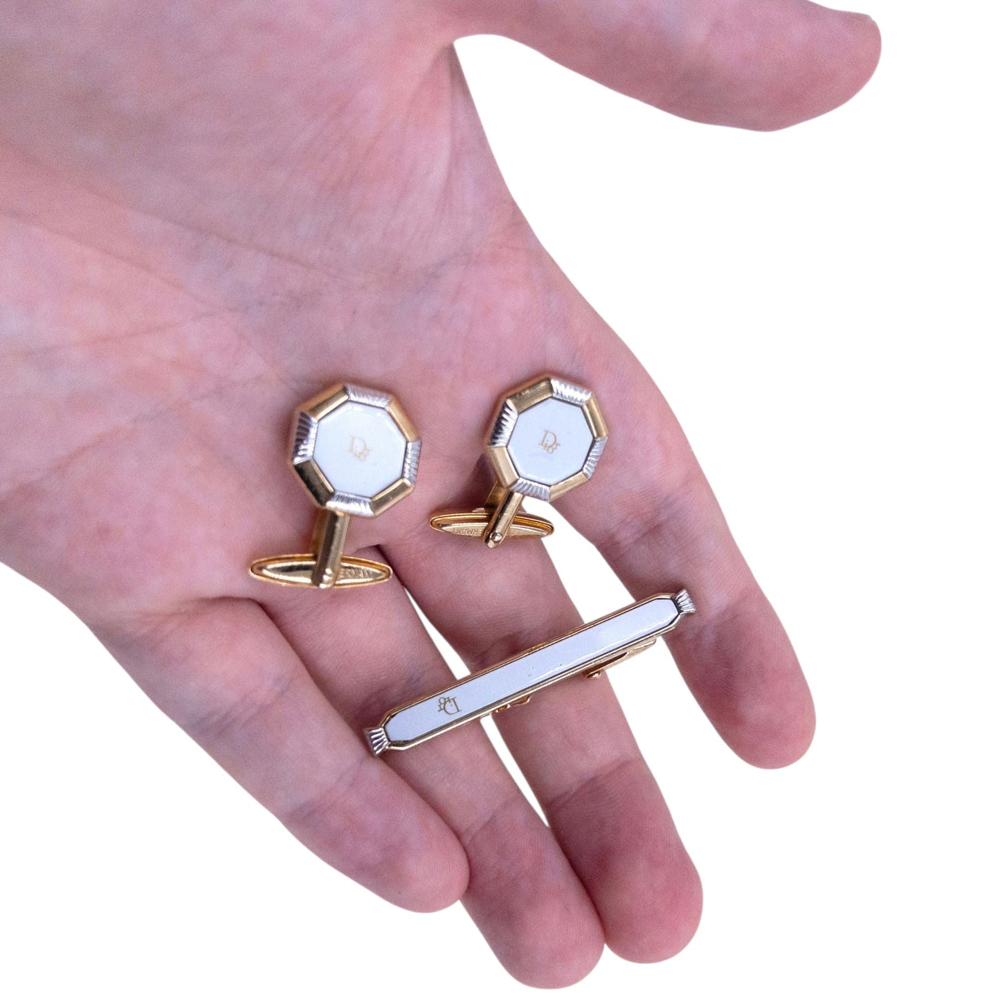 Vintage 90s Dior Embossed Cufflinks & Tie Clip Set | O/S, Gold