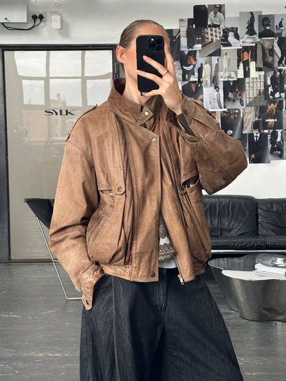 Vintage 1990s High Neck Aged Leather Bomber Jacket - M/L