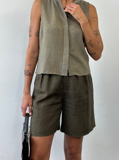 Vintage Pure Linen Relaxed Pleated Shorts - W26