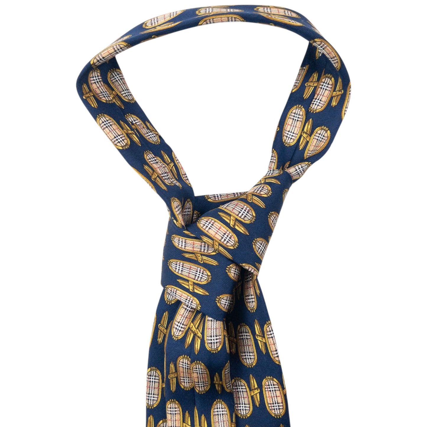 Vintage 80s Burberry Nova Check Cuff Link Print Silk Tie | O/S, Navy