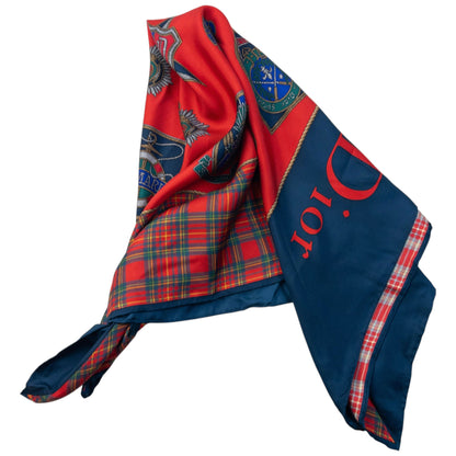 Vintage 90s Dior Tartan Badge Print Silk Scarf | O/S, Red