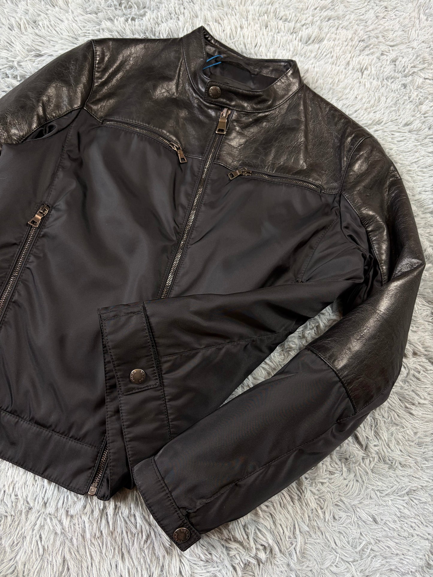 Prada Milano 2011 Gabardine Nylon Leather Hybrid Biker Jacket - S/M | O/S, Black