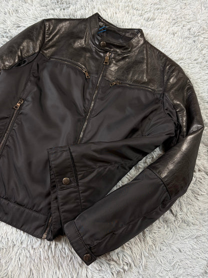 Prada Milano 2011 Gabardine Nylon Leather Hybrid Biker Jacket - S/M | O/S, Black