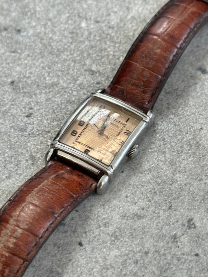 Emporio Armani 2000s leather rectangular quartz watch with silver dial and black leather strap, stylish men's wristwatch.