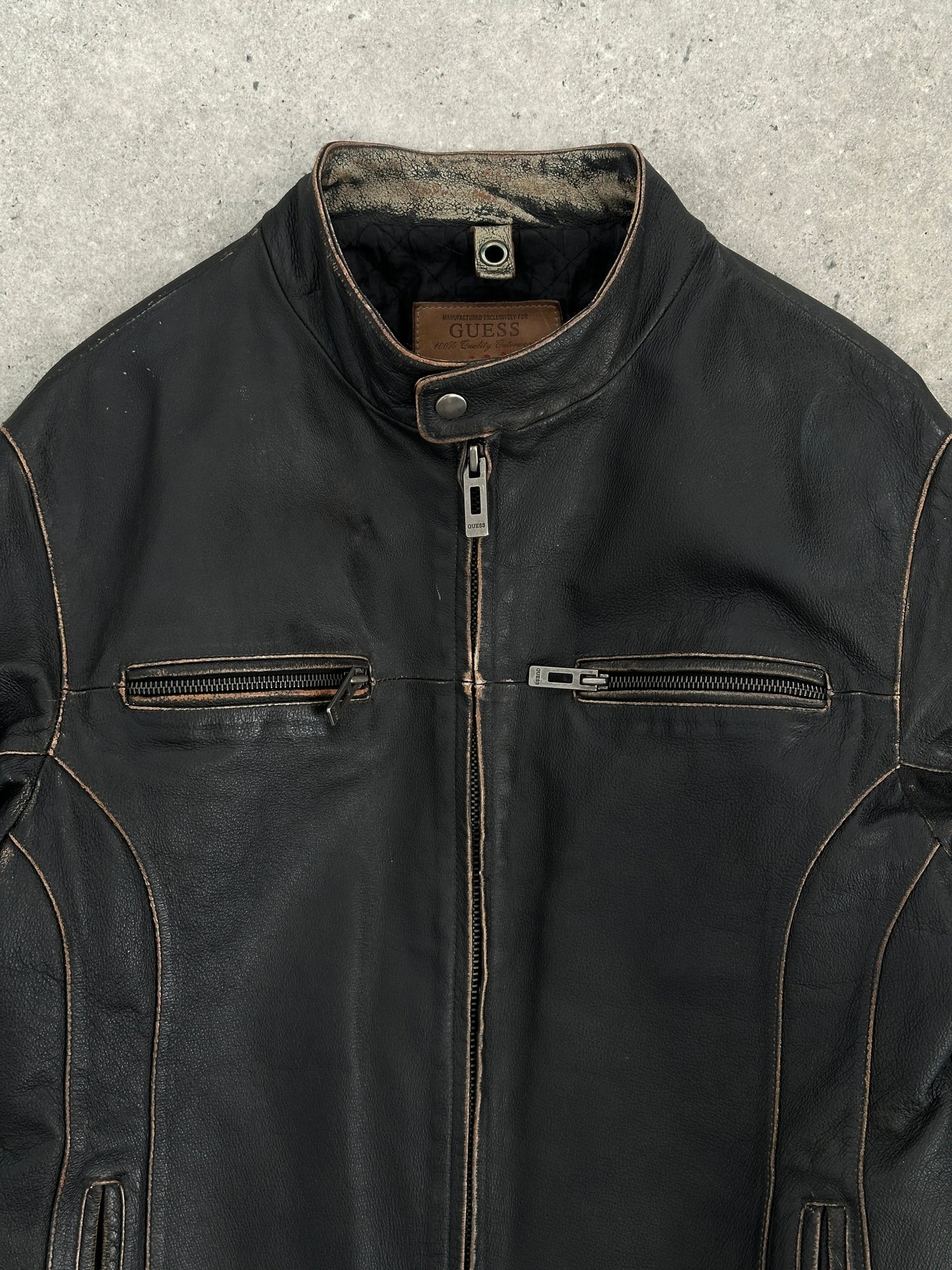 Guess Distressed Moto Leather Jacket - L