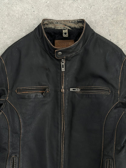 Guess Distressed Moto Leather Jacket - L