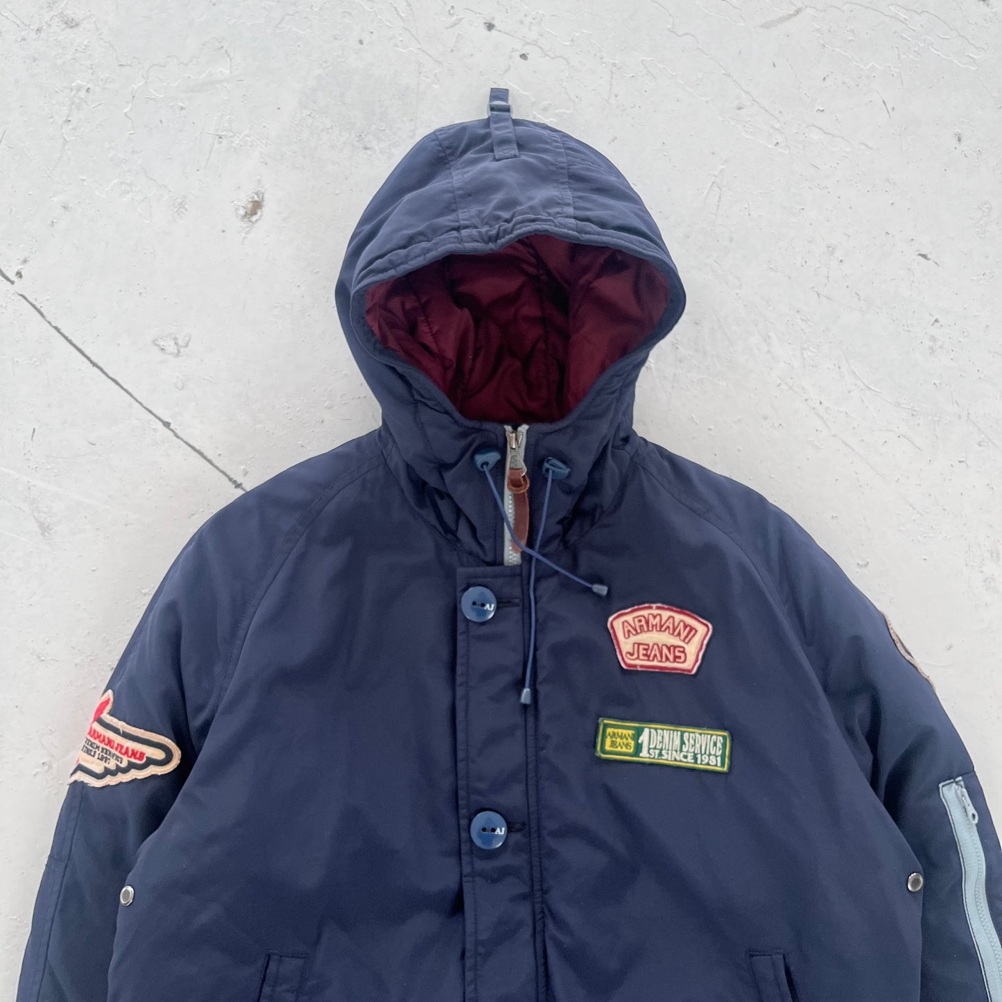 2010s armani jeans patchwork hooded bomber | Navy, Navy