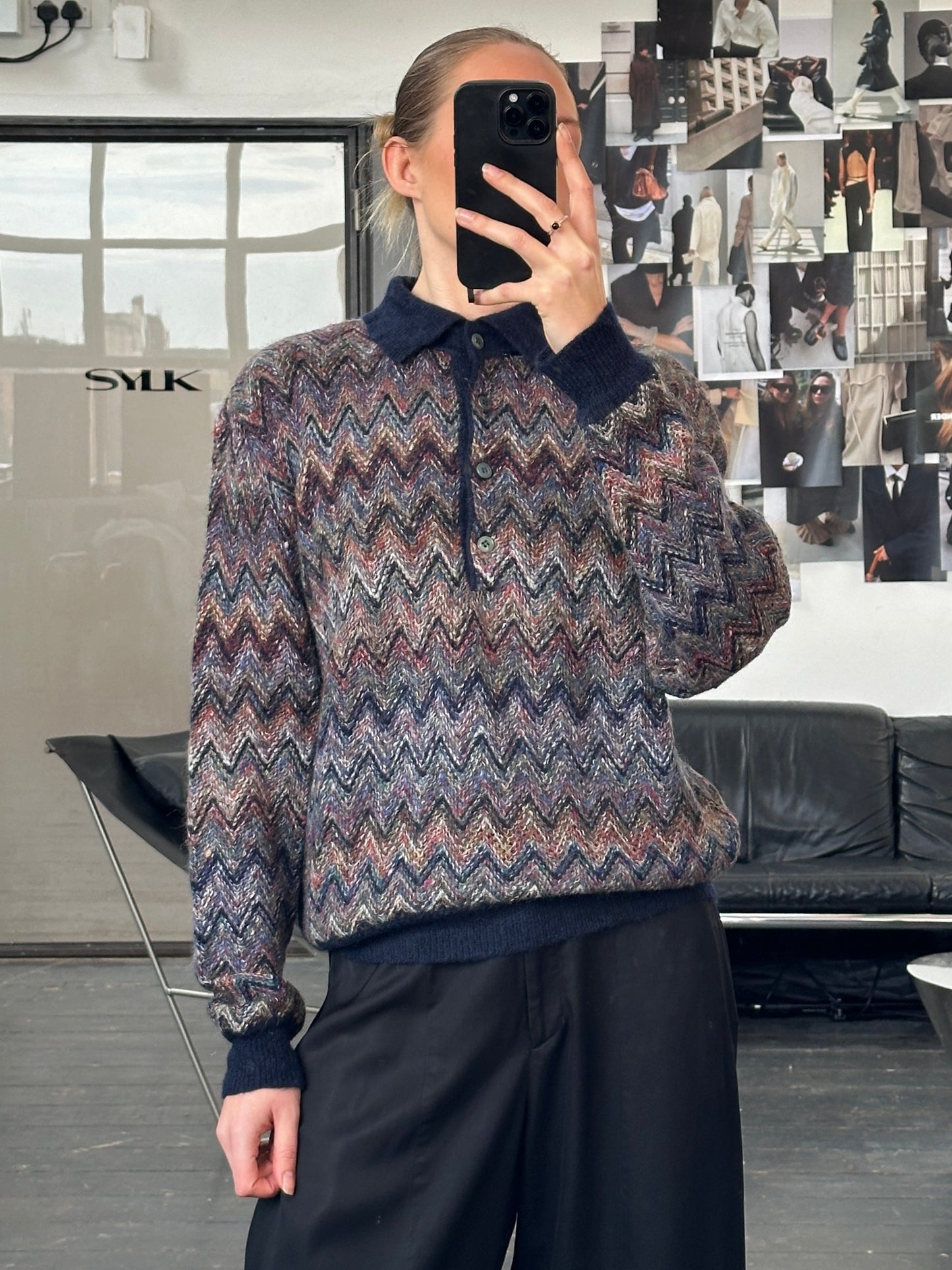 Italian Vintage 1990s Mohair Zig Zag Knitted Polo Jumper - L