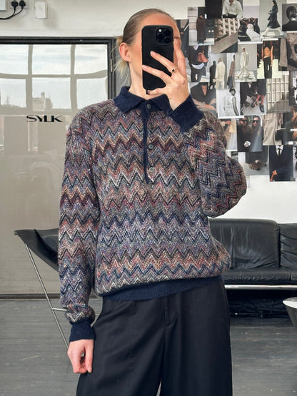 Italian Vintage 1990s Mohair Zig Zag Knitted Polo Jumper - L