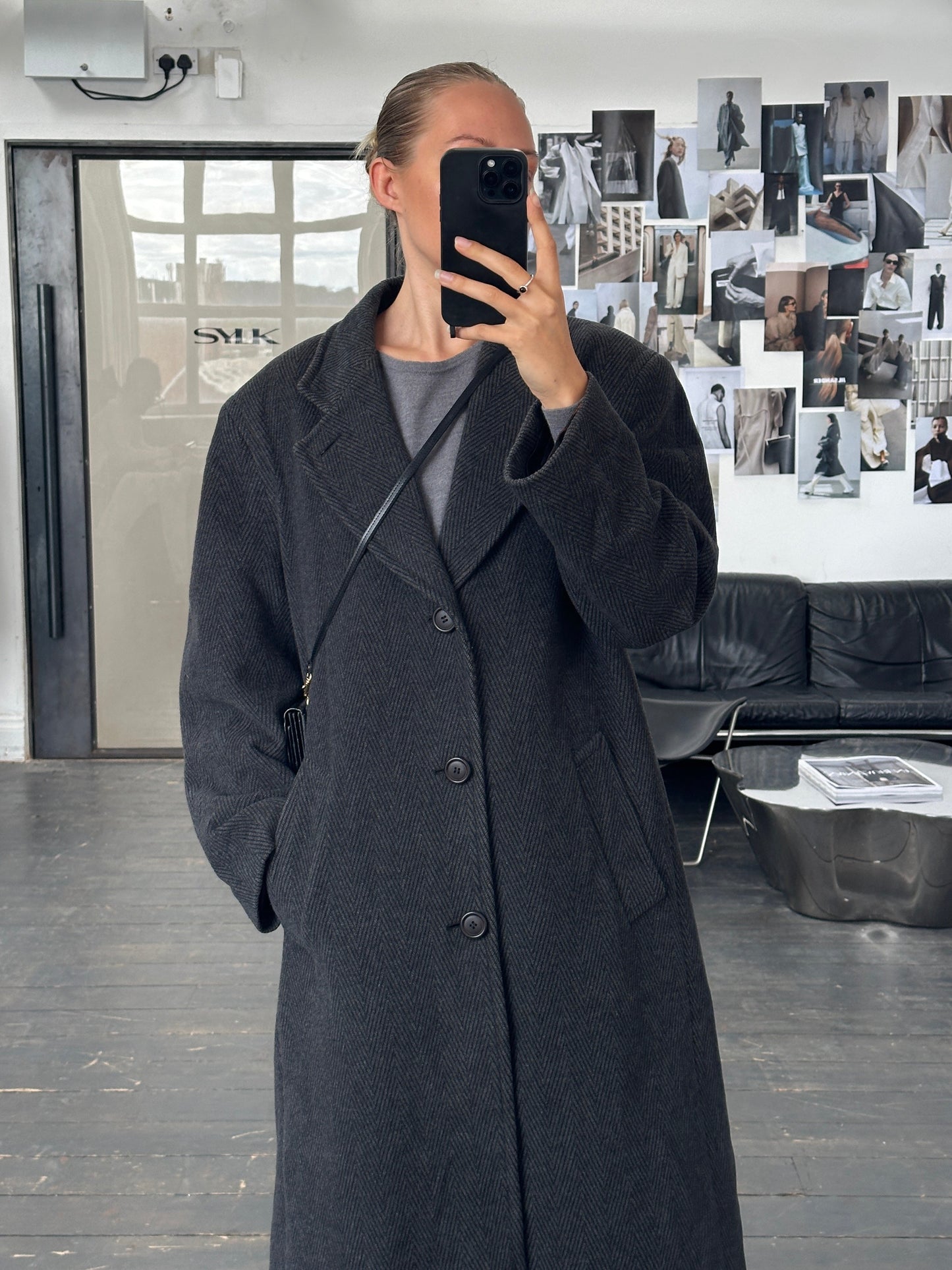 Italian Vintage 1980s Wool Cashmere Herringbone Coat - XL