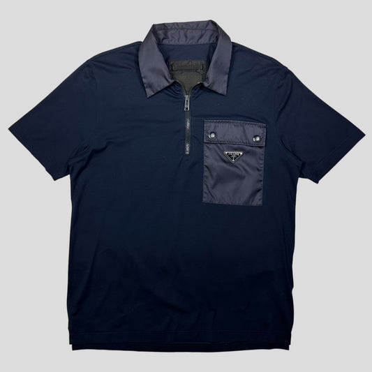 Prada 2019 Nylon Pocket Plaque Logo 1/4 Zip Shirt - M