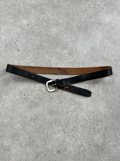 Vintage 1980s chrome distressed leather belt with metal buckle, size W30-38, classic retro style and durable craftsmanship.
