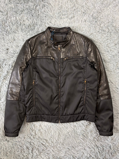 Prada Milano 2011 Gabardine Nylon Leather Hybrid Biker Jacket - S/M | O/S, Black