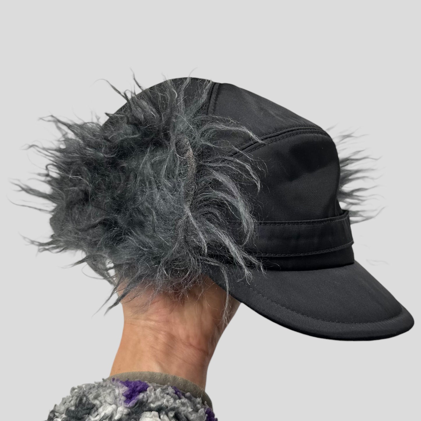Prada Milano FW19 Mohair & Wool Triangle Logo Nylon Trapper Hat - S/M
