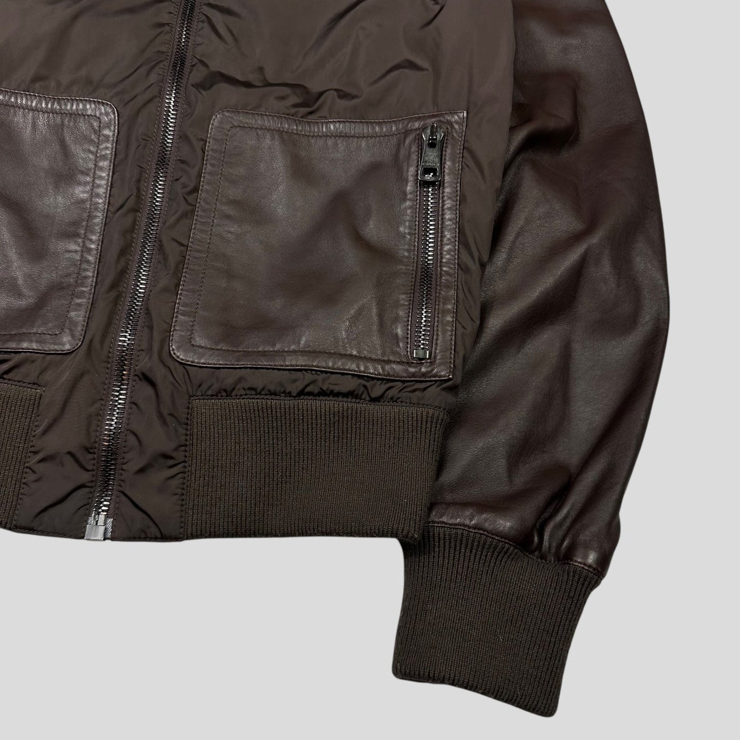 Gucci Brown Nappa Leather Hybrid Logo Bomber Jacket - IT46 (S) | Default Title, Brown