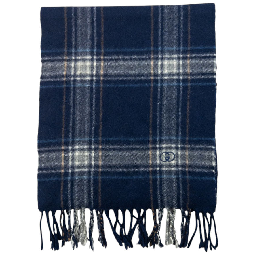 Vintage 80s Gucci Checkered Cashmere Tassel Scarf | O/S, Navy