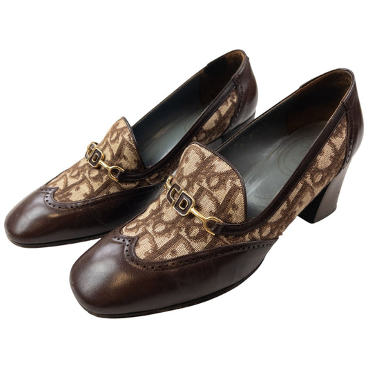 Vintage 90s Dior Monogram Leather Heeled Loafers Womens Size UK6 | ONE SIZE, Brown