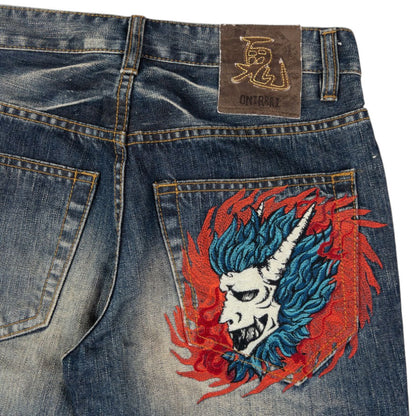 Vintage Oniarai Embroidered Flame Devil Japanese Denim Jeans Size W29