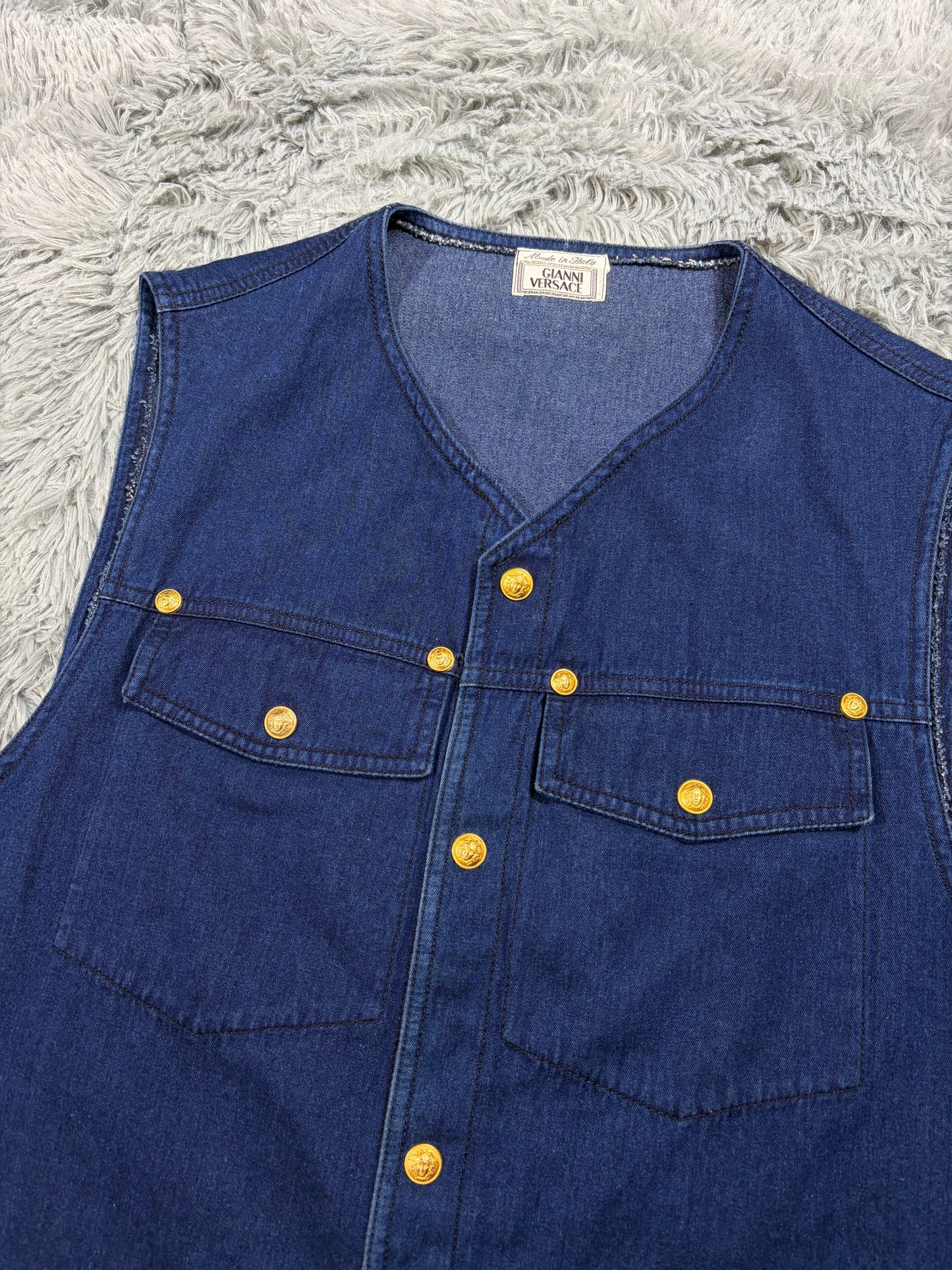 Gianni Versace 1992 Medusa Studded Indigo Denim Vest - IT50 | O/S, Gold