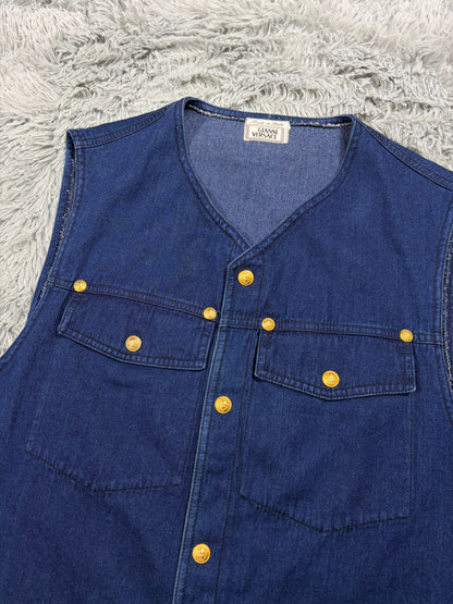 Gianni Versace 1992 Medusa Studded Indigo Denim Vest - IT50 | O/S, Gold