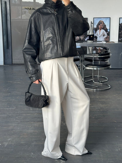 Vintage 1980s High Neck Leather Bomber Jacket - L