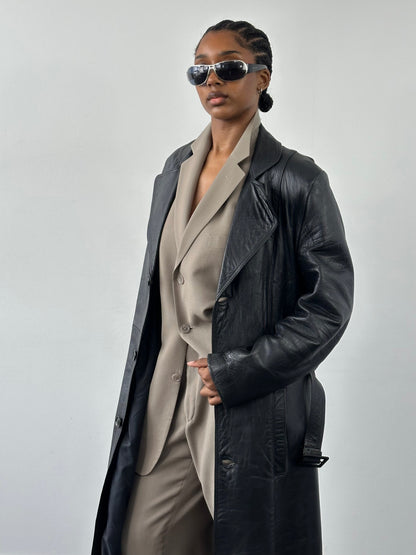 Vintage 1990s Leather Belted Trench Coat - S/M
