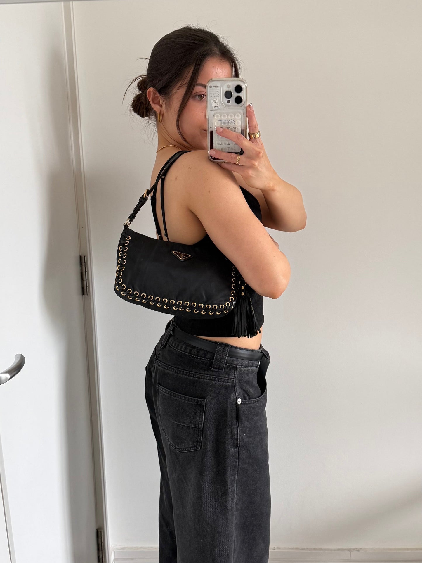 2000s RARE Prada Nylon Grommet Stitch Shoulder Bag | O/S, Black