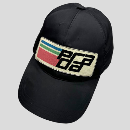 Prada Milano 2017 Saffiano Leather Race Logo Nylon Cap - M/L | O/S, Black