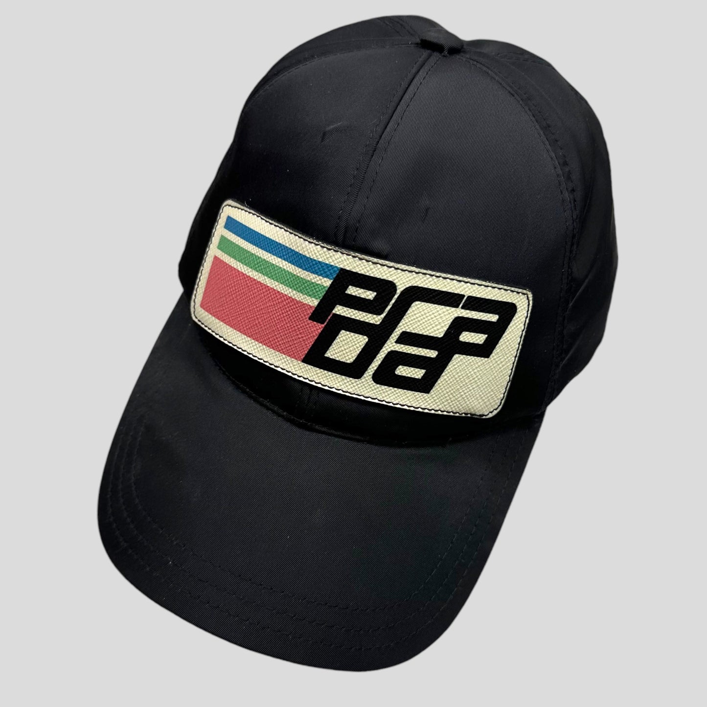 Prada Milano 2017 Saffiano Leather Race Logo Nylon Cap - M/L | O/S, Black