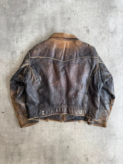 1990's Diesel Distressed Brown Leather Bomber Jacket | Large, Brown