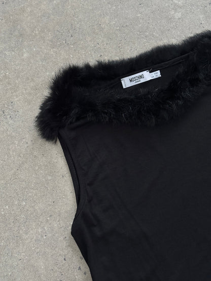 Moschino 1990s Feather Trim Boat Neck Midi Dress - S/M