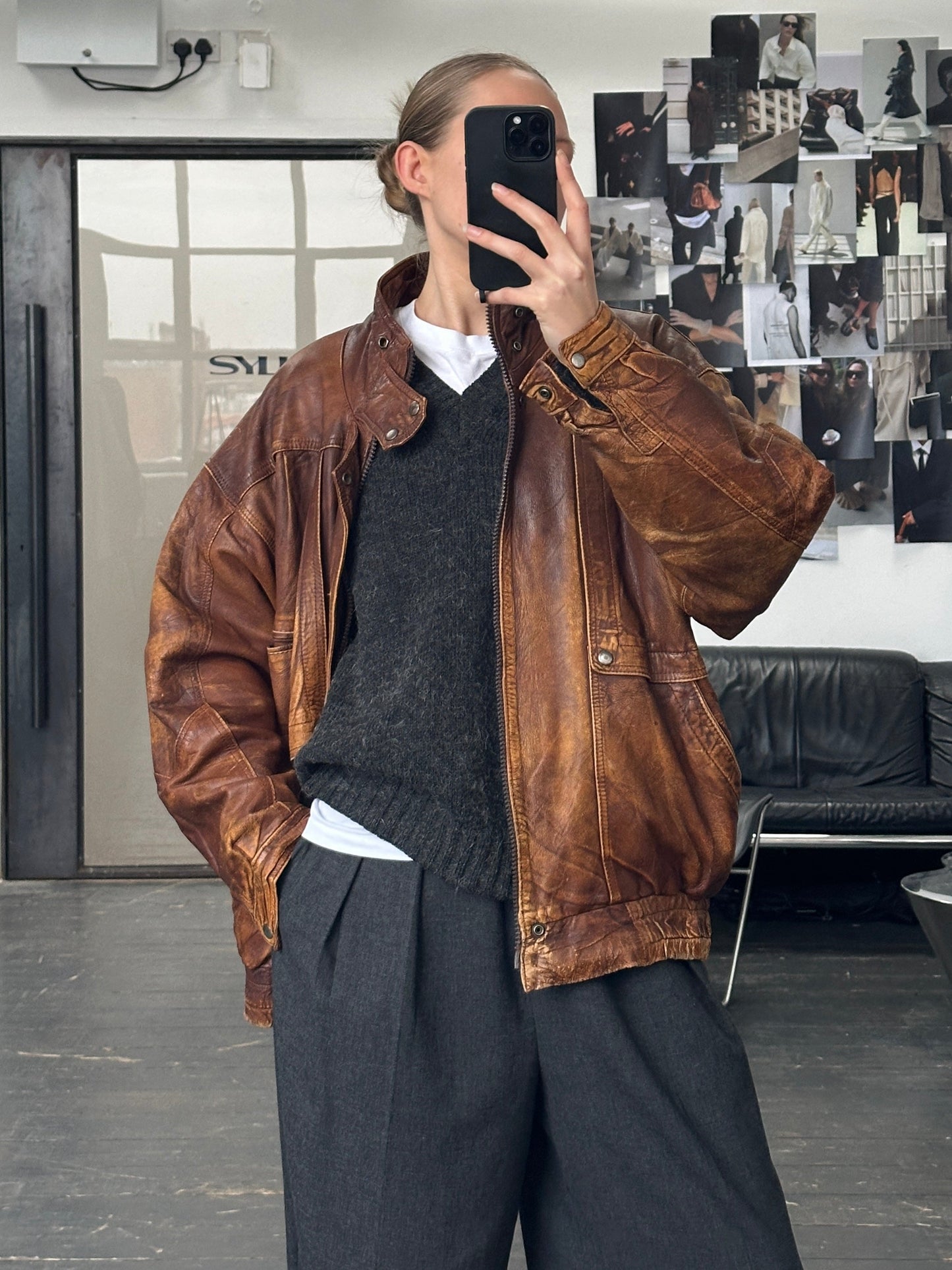 Vintage 1990s Aged Leather Bomber Jacket - XL