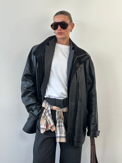 Armani Jeans 2000s High Neck Double Zip Leather Jacket - XXL