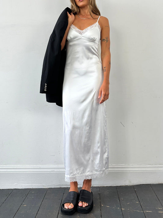 Vintage Satin Lace Trim Floor Length Slip Dress - S - Known Source