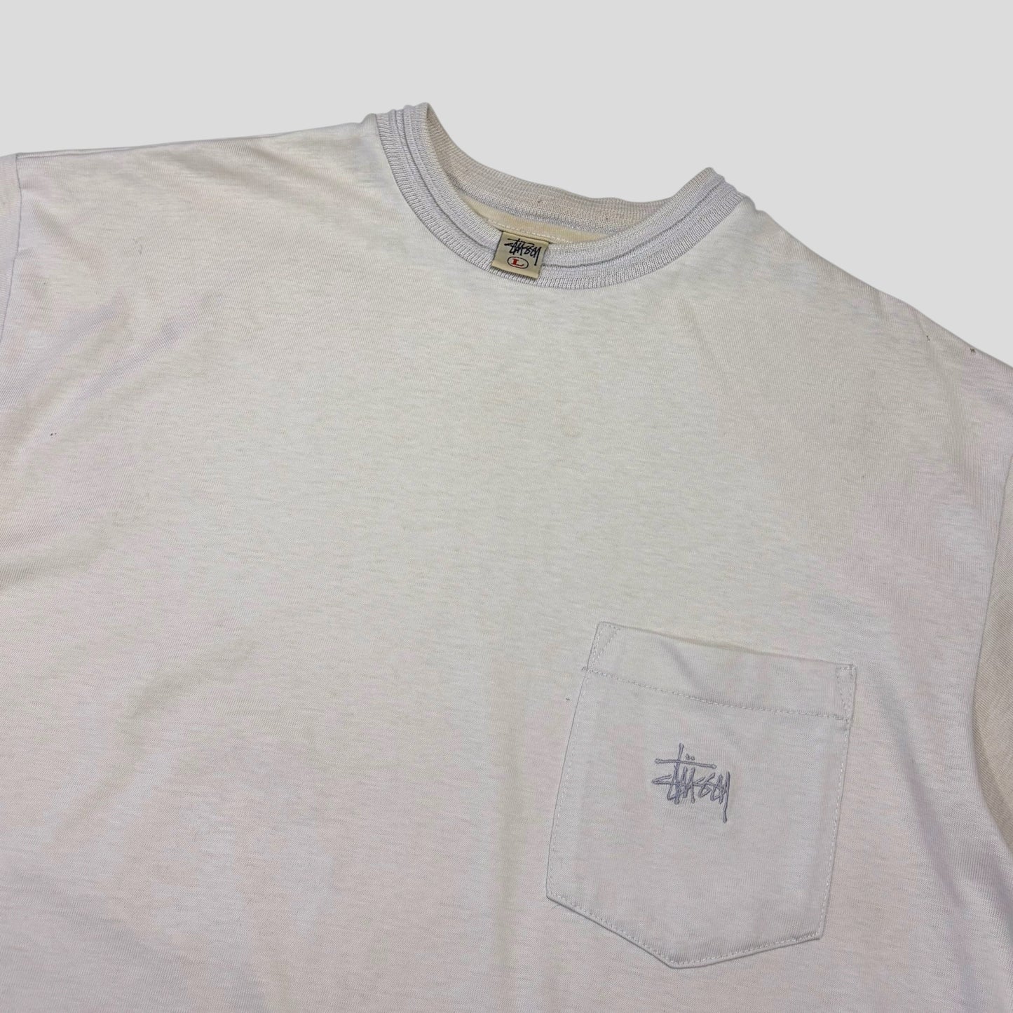 Stussy 90’s Cream Heavy Tom Tom White Tag Pocket Logo T-shirt - L/XL | O/S, Multicoloured