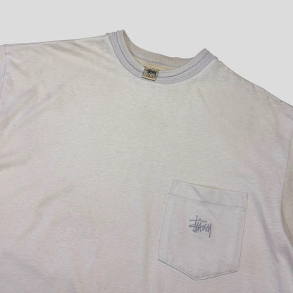 Stussy 90’s Cream Heavy Tom Tom White Tag Pocket Logo T-shirt - L/XL | O/S, Multicoloured