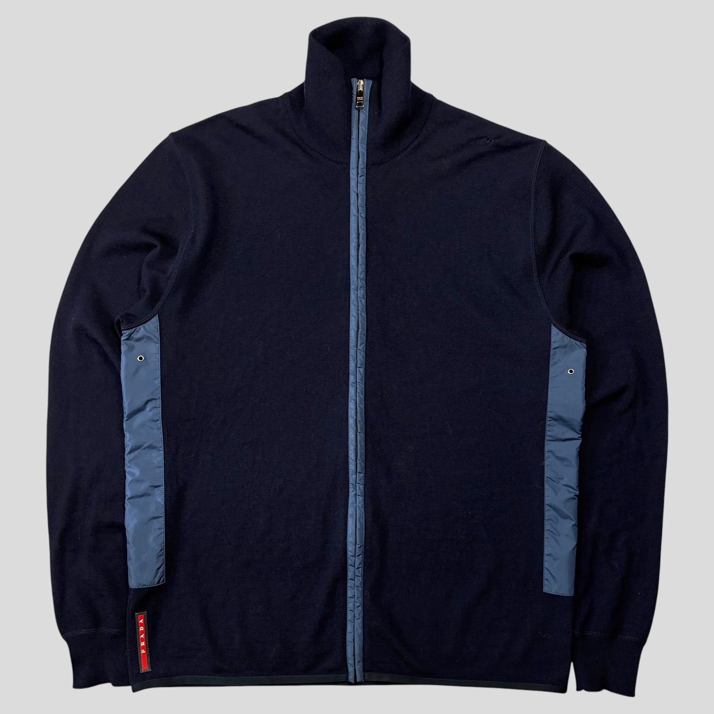 Prada Milano 2017 Nylon Panelled Red Tab Logo Knit Cardigan - IT52 | O/S, Multicoloured