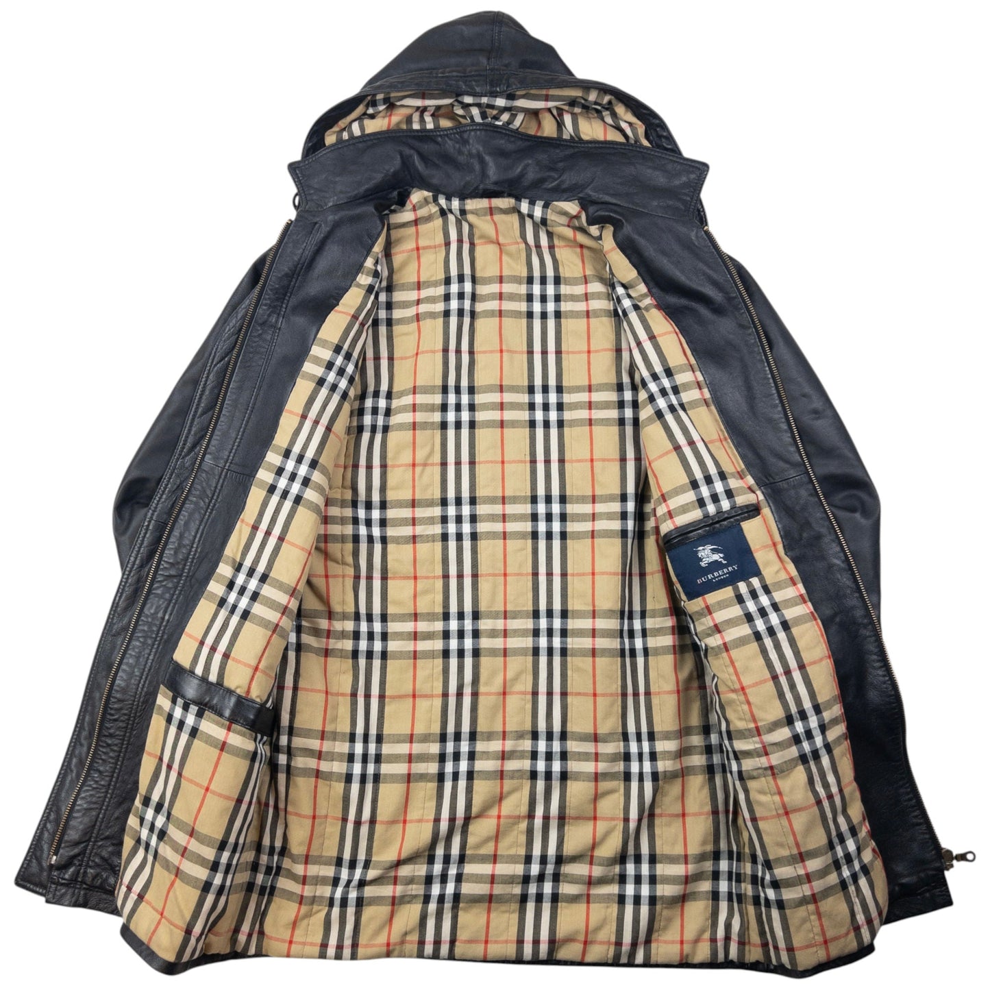 Vintage 2000s Burberry Nova Check Lined Leather Duffle Jacket Size M