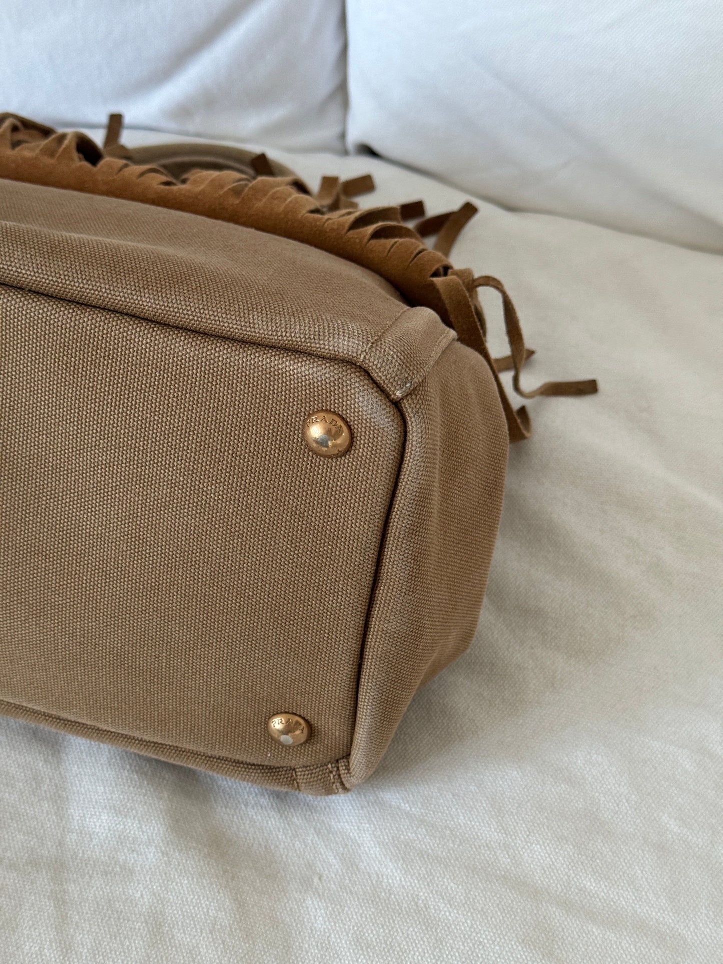 RARE 2010s Prada Grommet Suede Frill Handbag | O/S, Brown