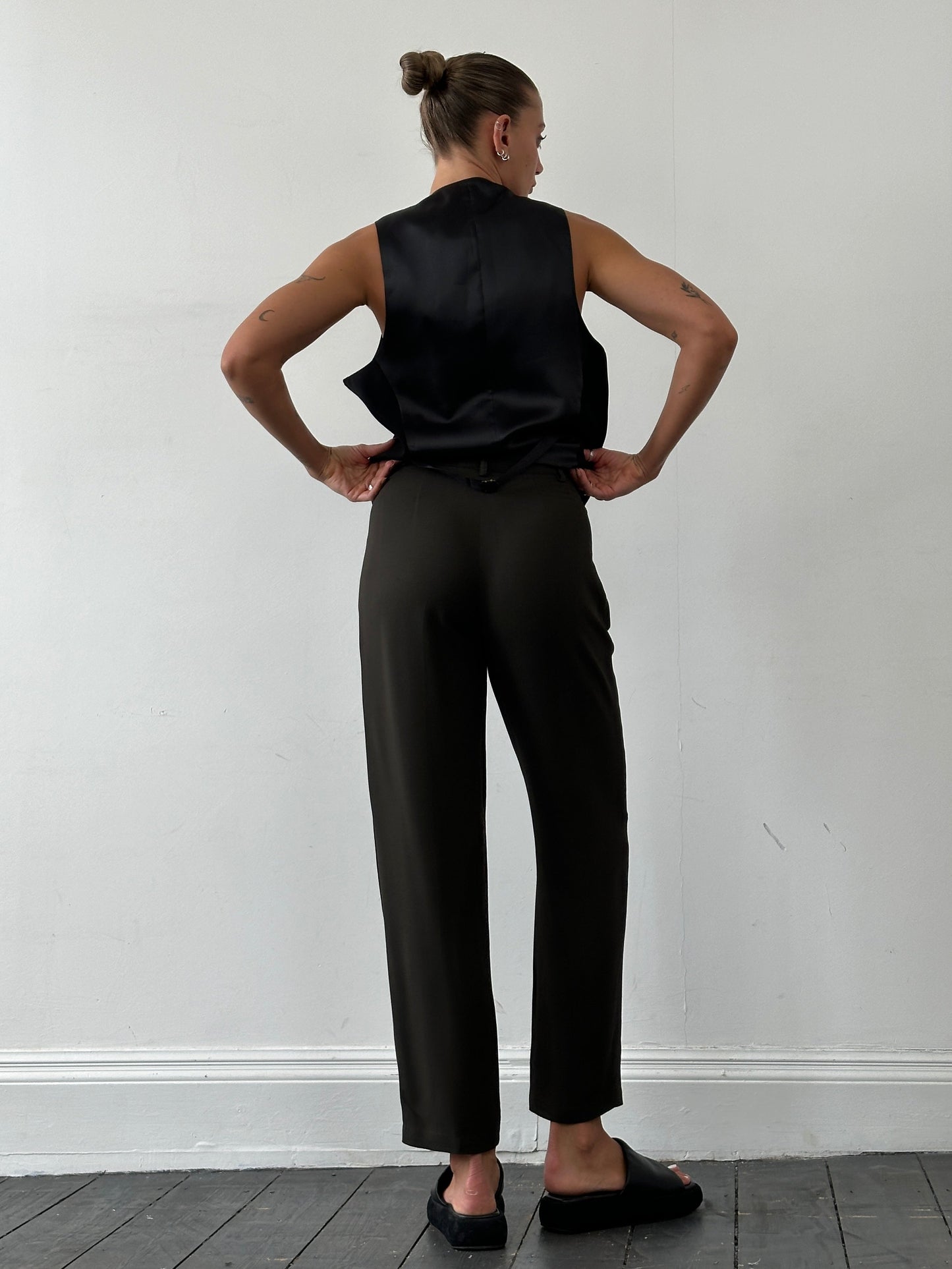 Emporio Armani high-waisted tapered leg tailored trousers in black, featuring a sleek, structured fit and classic design.
