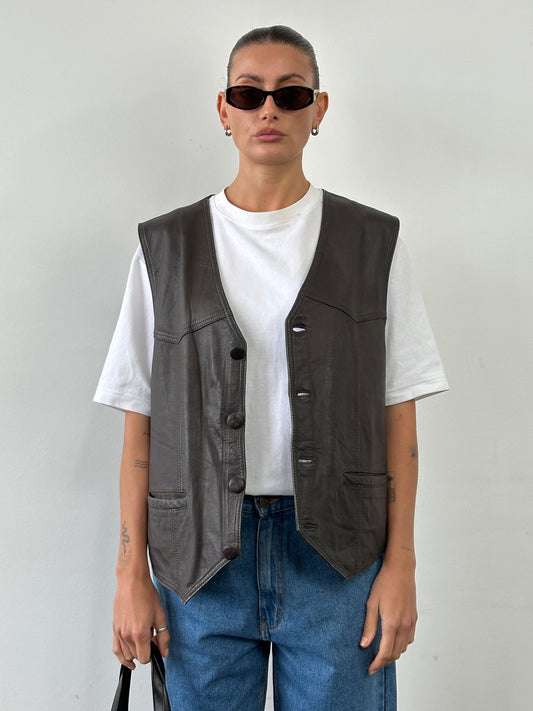 Vintage 1990s Leather Waistcoat - XL