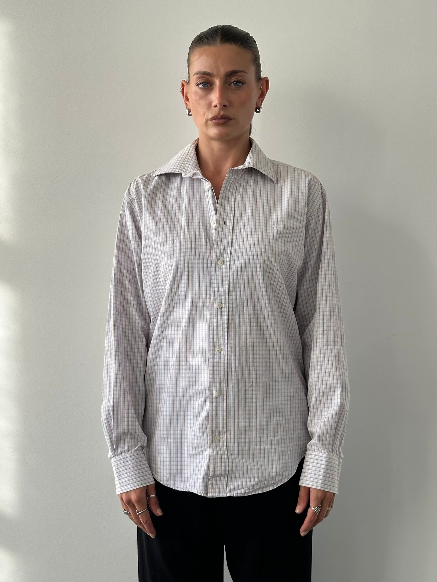 Yves Saint Laurent Pour Homme 2000s Mini Check Pure Cotton Logo Shirt - M