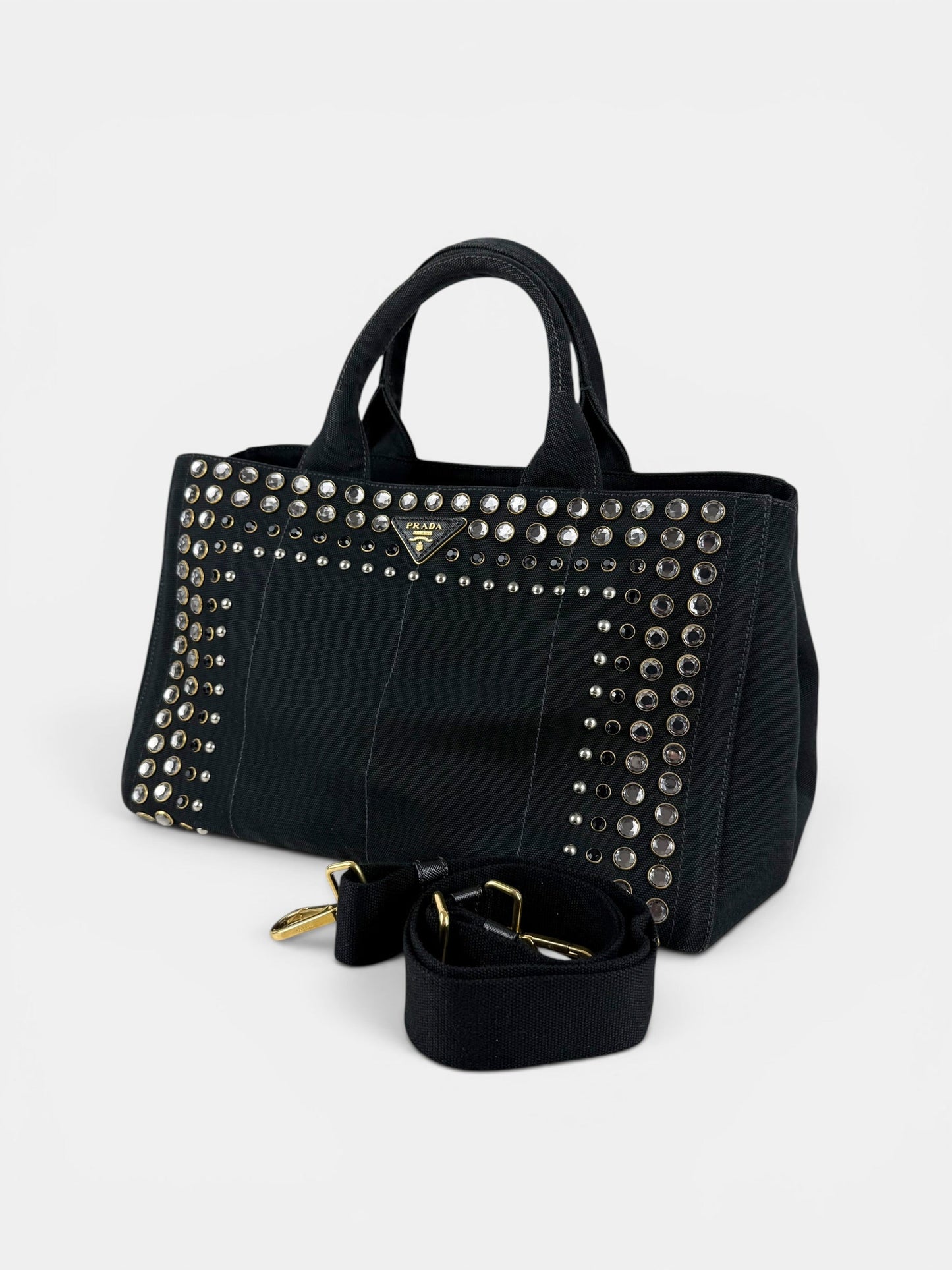2000s Prada Black Canapa Studded 2-Way Handbag | O/S, Multicoloured